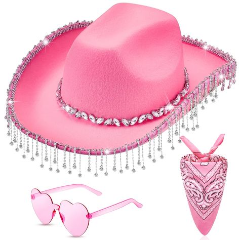 PRICES MAY VARY. You Will Receive: the package includes 1 pcs LED rhinestone cowboy hats, 1 pairs of glasses, 1 pcs headscarves Handmade Quality: each hat headband glasses are crafted with care, using quality fabric material and rhinestones; The fine workmanship and lightweight design ensure the hat is both sturdy and comfortable to wear Stand out Style: make a statement with this rhinestone fringe trim western hat, brilliant for daily wear or costume parties; The faux diamond fringe adds a touc Pink Sparkly Cowboy Hat, Sparkly Cowgirl Hat, Pink Cowgirl Outfit, Retro Western Aesthetic, Sparkly Cowgirl, Concert Birthday Party, Rhinestone Cowboy Hat, Light Up Hats, Rhinestone Cowboy