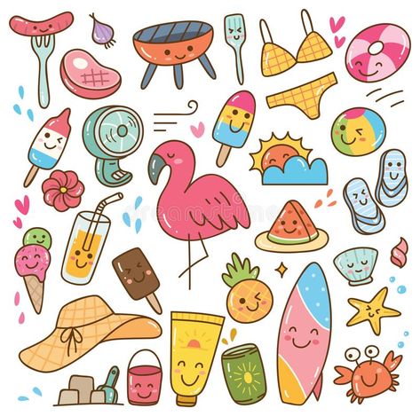 Doodles Kawaii, Kawaii Doodle, Kawaii Summer, Baby Shower Greeting Cards, Summer Drawings, Arte Doodle, Doodle Vector, Summer Icon, Cute Frames