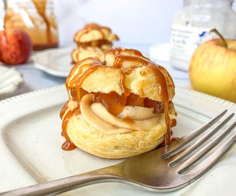 These Caramel Apple Cream Puffs are a classic cream puff filled with caramel pastry cream and apple preserves, topped with homemade salted caramel sauce! Caramel Pastry Cream, Using Egg Yolks, Apple Preserves, Caramel Pastry, Cream Puff Filling, Egg Yolk Recipes, Homemade Salted Caramel, Pastry Cream Recipe, Apple Pastry