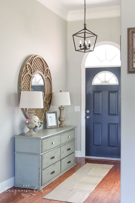 Darlana Pendant Lantern Knock-off for the Foyer! LOVE this light for less than $100!! Navy Paint Colors, Fall Entryway Decor, Hale Navy Benjamin Moore, Best Blue Paint Colors, Pendant Lantern, Grey Backsplash, Fall Entryway, Hale Navy, Favorite Paint Colors