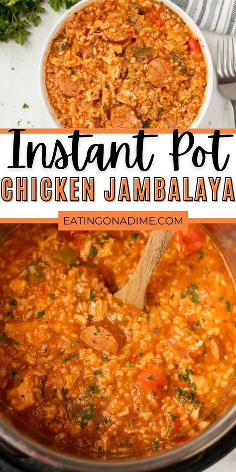 Instant Pot Jambalaya can be ready in minutes for a dinner that everyone will love. It's packed with Cajun flavor and makes an amazing meal. This Instant Pot Chicken and Sausage Jambalaya recipe is super easy to make and delicious too! #eatingonadime #instantpotrecipes #pressurecookerrecipes #chickenrecipes #cajunrecipes Jumbolia Recipes, Chicken And Sausage Jambalaya Recipe, Chicken Jambalaya Recipe, Jambalaya Recipe Instant Pot, Instant Pot Jambalaya, Sausage Jambalaya Recipe, Chicken Jambalaya, Jambalaya Recipe Easy, Chicken And Sausage Jambalaya