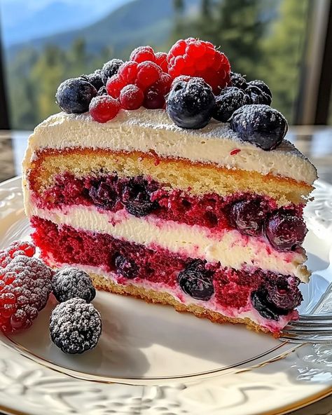 🍓 Mixed Berry Layer Cake 🍰 A moist and delicious cake bursting with fresh berries and topped with a creamy frosting. Perfect for any celebration! Ingredients: For the Cake: - 2 1/2 cups all-purpose flour - 2 1/2 tsp baking powder - 1/2 tsp salt - 1 cup unsalted butter, softened - 1 1/2 cups granulated sugar - 4 large eggs - 1 tsp vanilla extract - 1 cup whole milk - 1 cup mixed berries (strawberries, raspberries, blueberries, blackberries) For the Berry Filling: - 2 cups mixed ... Gourmet Birthday Cake, Fruit Filled Cake, Desserts With Berries, Berry Layer Cake, Berry Filling, Creamy Frosting, Berry Dessert, Berry Cake, Summer Cakes