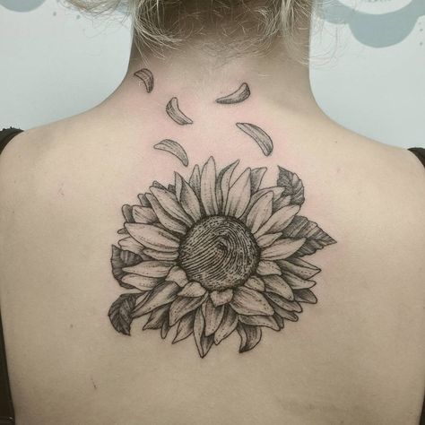 A fingerprint  in the centre of a Sun flower. Sunflower With Fingerprint Tattoo, Fingerprint Sunflower, Sunflower Fingerprint Tattoo, Fingerprint Flower Tattoo, Fingerprint Tattoo Ideas, Finger Print Tattoo, Thumbprint Tattoo, Fingerprint Tattoo, Hammer Tattoo