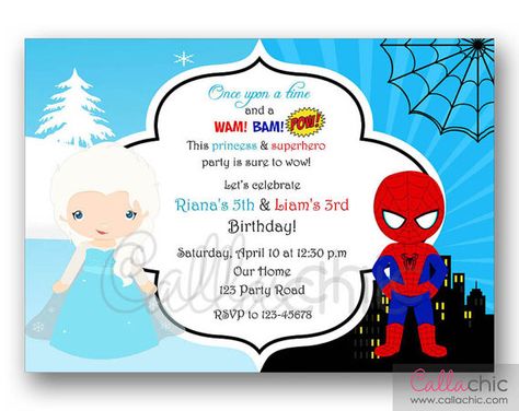 Elsa & Spideman Birthday Invitation PRINTABLE - Twin / Joint / Split / Sibling Party - Boy Girl - Frozen Princess Superhero on Etsy, $14.00 Elsa And Spiderman, Elsa Party, Spiderman Birthday Invitations, Sibling Birthday Parties, Spiderman Birthday Party, Frozen Themed, Spiderman Birthday, Baby Themes, Birthday Themes