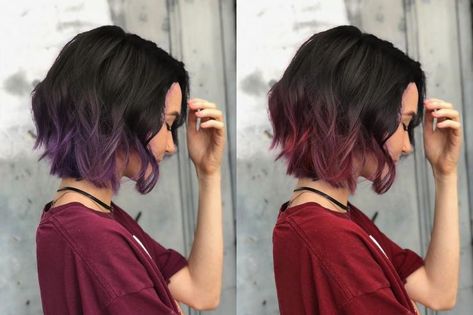 Dip Dye Bob Brunette, Short Hair With Colored Tips, Dark Brown Ombre Hair Short, Short Hair Peekaboo Color, Under Hair Color, Short Purple Hair, Hairstyle Shorthair, Short Ombre Hair, Short Dark Hair