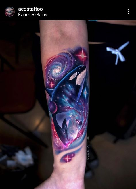 Space galaxy orca whale killer whale tattoo abstract Galaxy Whale Tattoo, Orca Tattoo Sleeve, Space Whale Tattoo, Orca Tattoo Design, Track Tattoo, Orca Whale Tattoo, Killer Whale Tattoo, Orca Art, Orca Tattoo