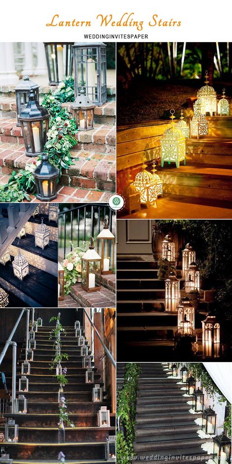 exquisite lanterns wedding stair decorations, spring weddings, rustic weddings, vintage weddings Stair Decorations, Wedding Stairs, Lanterns Wedding, Loft Stairs, Greenery Decor, Lantern Ideas, Wedding Lanterns, Stair Decor, Country Theme