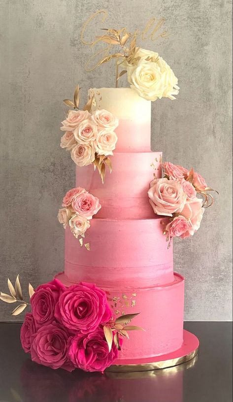 Magenta Cake, Xv Cakes, Pink Ombre Wedding Cake, Pink Rose Wedding Cake, Cake Roses, Cake Rose, Purple Cakes Birthday, Quinceanera Cakes, Hot Pink Weddings