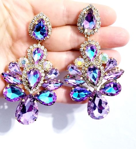 Rhinestone Clip On Earrings, Chandelier Drop Earrings, Purple Pageant Earrings, Gift for Her 3.8 inch Hollywood Jewelry, Celebrities Earrings, Dance Earrings, Pageant Earrings, Belly Dance Jewelry, Vintage Inspired Earrings, Steampunk Earrings, Queen Jewelry, Evening Jewelry