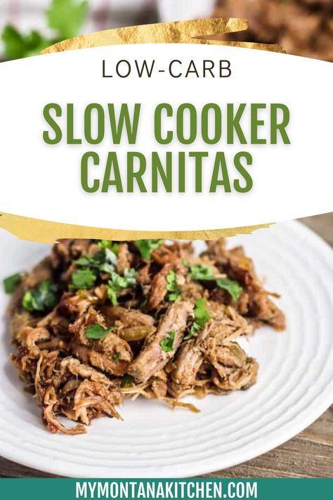 These low-carb slow cooker carnitas are a delicious and easy way to enjoy the traditional Mexican pulled pork dish while keeping your carb intake low. Whether you're looking for keto recipes, a low-carb option for your next taco night, or you're simply looking for a new and delicious way to enjoy carnitas at home, this recipe is sure to be a hit! Grab this gluten-free, dairy-free, Trim Healthy Mama S recipe now. Pulled Pork Dishes, Crockpot Carnitas Recipes, Carnitas Crockpot, Pork Shoulder Recipe, Mexican Pulled Pork, Slow Cooker Carnitas, Pork Carnitas Slow Cooker, Pork Shoulder Recipes, Low Carb Pork