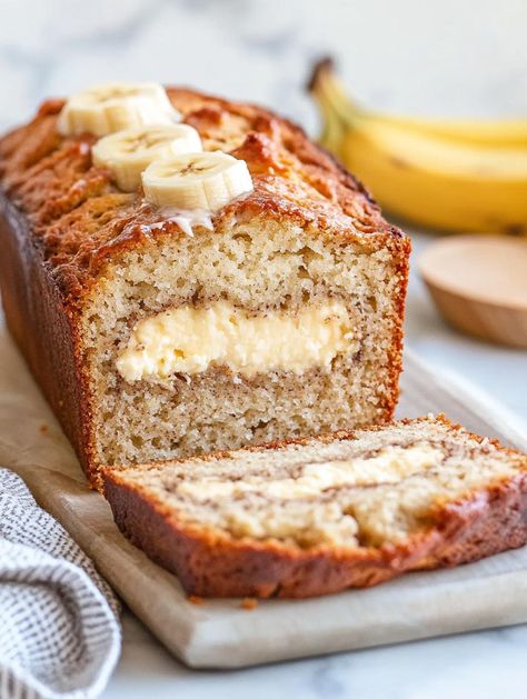 via @thenandnowspace Banana Bread With Cream Cheese Icing, Banana Bread With Cream Cheese, Banana Bread Cream Cheese, Cream Cheese Banana Bread, Bread With Cream Cheese, Dessert Nachos, Pickled Cherries, Moist Banana Bread, Muffin Bread