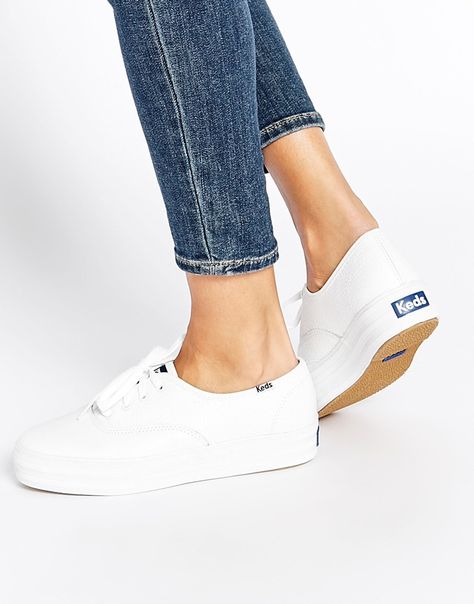 Image 1 of Keds Champion White Triple Leather Flatform Sneakers Keds Shoes Outfit, Platform Keds, White Keds, Boty Nike, Keds Style, Flatform Sneakers, Keds Champion, Gray Shoes, White Flat