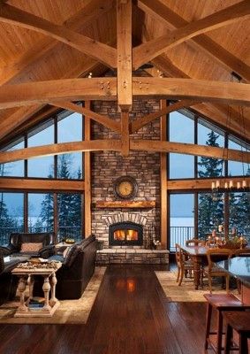 Great woodwork and beams. Love the natural wood color. Cabin Style Living Room, Mantel Styling, Casa Hobbit, Fireplace Pictures, Book Deal, Log Home Interiors, Dream Cabin, Log House, Rustic Home Design