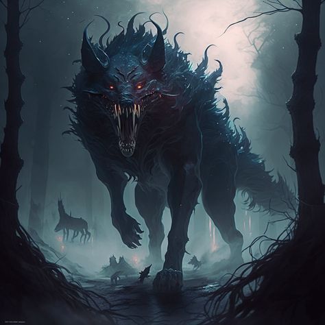 A large wolf-like creature growls at camera, possibly ready to fight. It’s fur is, at a closer look, made of tentacles and the follicles are actually small tendrils of smoke. This ethereal monstrous beast is not of our world. Shadow Beast Fantasy Art, Cold Monster Art, Fantasy Wolf Monster, Wolf Like Creature, Spider Wolf Hybrid, Wolf Demon Art, Fantasy Wolf Concept Art, Fantasy Dark Creature, Wolf Dragon Art