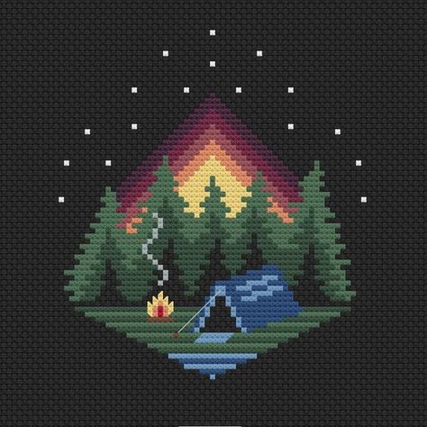 Hello and welcome to the enchanting world of cross-stitch! Black Canvas Cross Stitch, 2 Inch Cross Stitch Pattern, Pixel Art Camping, Camping Pixel Art, Cross Stitch Black Background, Cross Stitch Patterns Nature, Cross Stitch Mountains, Cross Stitch Art Pattern, Small Cross Stitch Patterns