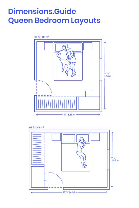 Queen Bedroom layouts are recommended planning guidelines for organizing bedrooms based on the dimensions of a Queen Size Bed. Bedrooms with Queen beds should have minimum areas of roughly 106 ft2 | 9.8 m2 (bed with clearance) to 128-131 ft2 | 11.9-12.1 m2 (bed clearance with closet and desk). Downloads online #bedroom #beds #architecture #interiordesign #homedesign Connected Bedrooms Layout, Minimum Bedroom Size, 11x11 Bedroom With Queen Bed, Standard Bedroom Size, 11 M2 Bedroom, 8 M2 Bedroom, 9 By 9 Bedroom Layout, 11 X 9 Bedroom Layout, Bedroom Plan With Dimensions