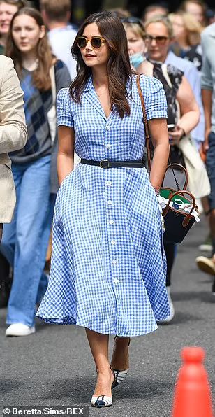 Jenna Coleman joins Frank and Christine Lampard and David Beckham for day 11 of Wimbledon  | Daily Mail Online Checked Dress Outfit, Christine Lampard, Gingham Dress Outfit, Blue Gingham Dress, Checked Dress, Simple Frocks, Jenna Coleman, Check Dress, David Beckham