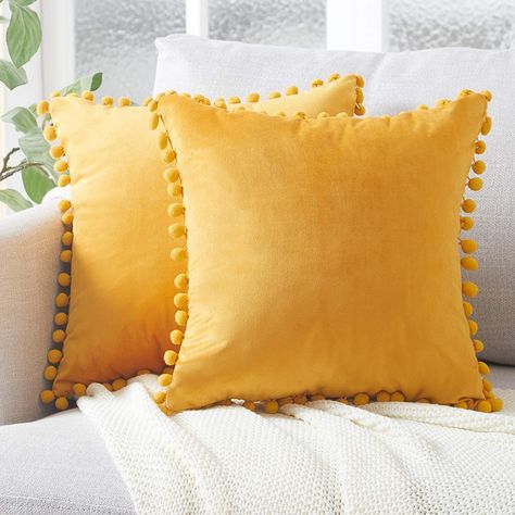 AmazonSmile: Top Finel Decorative Throw Pillow Covers with Pom-poms Soft Particles Velvet Solid Cushion Covers 20 X 20 for Couch Bedroom Car, Pack of 2, Cream: Home & Kitchen Pom Pom Pillows, Suede Pillows, Bantal Sofa, Yellow Pillows, Plush Sofa, Luxury Cushions, Sofa Colors, Couch Cushions, Pink Pillows