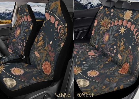 "Botanical witchy Moon phase Celestial Car Seat Cover, Wicca Pagan floral Front back seat cover, Car headrest interior decor, car accessories Made with top-tier, stretchy polyester fabric for long-lasting durability. These seat covers come with an elastic fastening system that delivers a secure, snug fit that is tool-free and easy to install. Both covers feature identical designs. Gold print is a gradient sublimation print, not real foil. ⭐️front back seat covers .: High-quality stretchy polyester fabric .: The front set contains TWO front seat covers .: Full set contains TWO front seat covers and TWO back seat covers .: Quick and easy installation .: Black back cover .: Identical designs printed on both covers .: These car seat covers should NOT be used on a seat with side airbags or arms Car Ceiling Decoration, Cottagecore Car, Cute Car Interior, Car Headrest, Truck Stuff, Back Seat Covers, Cute Car Accessories, Xmas Presents, Car Seat Cover