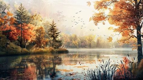 Lake Landscape Painting, Autumn Watercolor, Fall Watercolor, Lake Landscape, Watercolor Inspiration, Autumn Landscape, 3d Rendering, Landscape Painting, Landscape Paintings