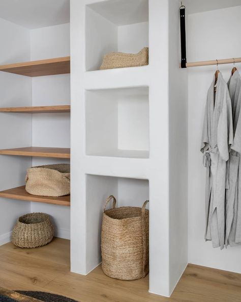 CLO Studios on Instagram: “Open wardrobe at the Bungalow project ✨” Concrete Closet, Beautiful Personality, Open Wardrobe, Open Closet, Custom Shelving, Beauty In Simplicity, Oak Shelves, Reno Ideas, Wardrobe Design