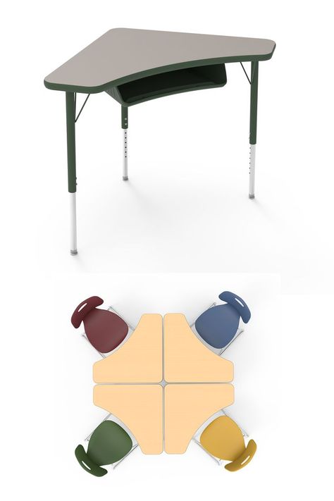 This compact, contemporary desk is designed for collaborative learning and provides sleek looks, solid functionality and great flexibility. Includes a backpack peg to keep backpacks off the floor. It can be arranged in countless ways for groups of all sizes. Its work surface provides ample space for individual or group work of all kinds. Order it an any of 17 standard laminate colors, 12 edge colors and Black or Platinum frame Classroom Table Arrangement, Laminate Colors, Office Cabin Design, Furniture Design Table, Floor Desk, Conference Room Design, Classroom Interior, Daycare Design, Modular Workstations