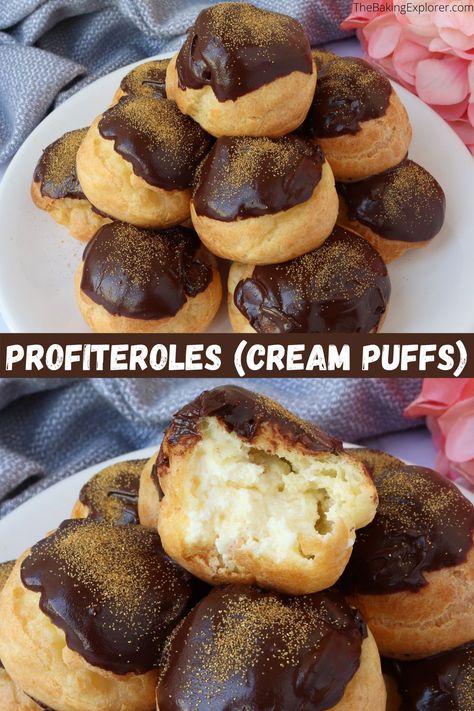 Chocolate Profiteroles, Profiteroles Recipe, Eclair Recipe, Cream Puff Recipe, Puff Recipe, Choux Pastry, Cream Puff, Pastry Cream, Chocolate Topping