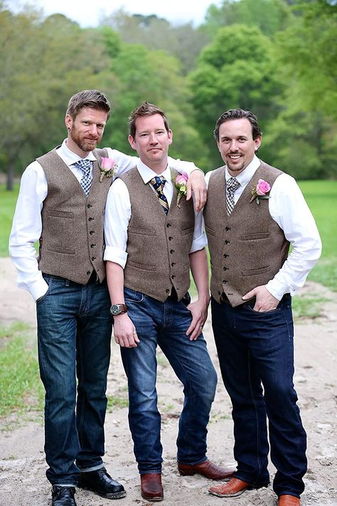 Groom Vest And Jeans, Groom In Jeans And Vest, Casual Groom Attire Rustic, Mens Country Wedding Attire, Mens Wedding Vest, Vest For Men Wedding, Groom In Jeans, Country Wedding Outfit, Country Wedding Groomsmen