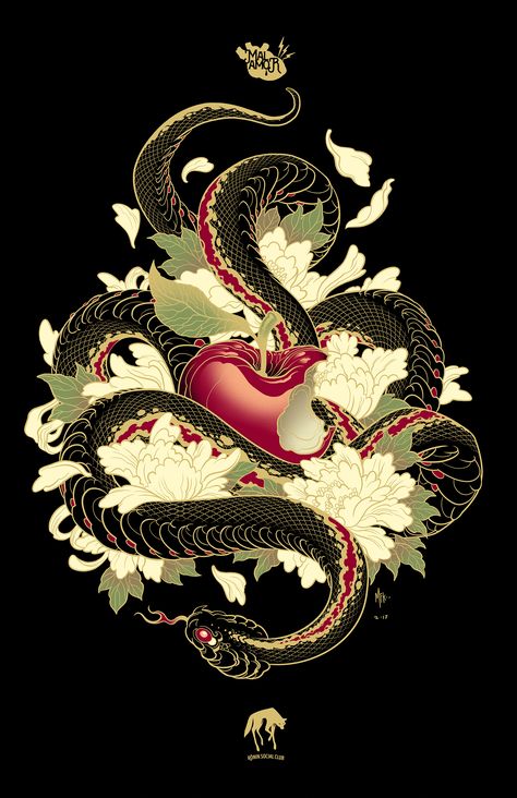 PURO VENENO on Behance Bodysuit Tattoos, Tattoo Snake, Yakuza Tattoo, Irezumi Tattoos, Traditional Japanese Tattoos, Body Suit Tattoo, Snake Art, Apple Art, Snake Tattoo