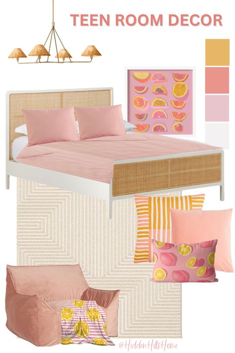 Pink and orange girls bedroom mood board with citrus artwork, pink accents, and pops of orange throughout Pink And Orange Bedding, Orange Girls Bedroom, Girls Bedroom Mood Board, Pink Orange Bedroom, Bohemian Girls Bedroom, Girls Bedroom Design, Teen Girl Bedroom Designs, Lemon Artwork, Teen Girls Room