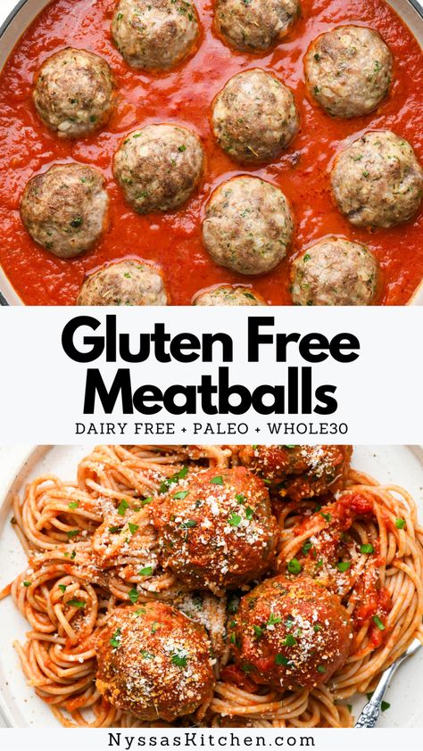 Meatballs Recipe Gluten Free, Meatball Recipes Gluten Free Dairy Free, Vegan Gluten Free Meatballs, Easy Gluten Free Meatballs, Gluten Free Beef Meatballs, Paleo Meatball Recipes, Dairy Free Meatball Recipes, Gf Meatballs Gluten Free, Gluten Free Italian Recipes Dinners