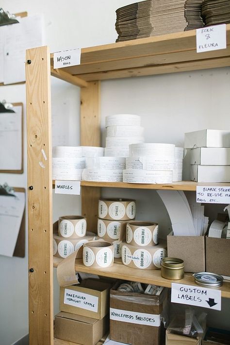 Studio Business Decor, Home Decor Small Business, Candle Supply Storage, Packing Station Small Business, Office Shelves Organization, Candle Storage Ideas, Candle Studio Ideas, Small Business Workspace, Small Business Studio