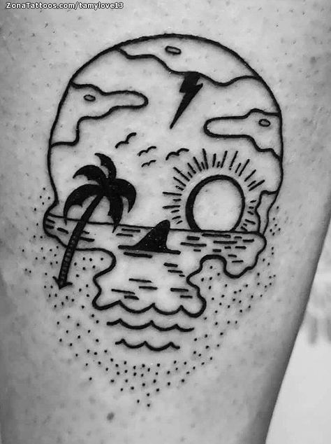 Beach Skull Tattoo, American Traditional Surf Tattoo, Beach Sticker Tattoo, Hawaiian Skeleton Tattoo, Miami Inspired Tattoos, Thick Outline Tattoo, Skull Beach Tattoo, Skeleton Beach Tattoo, Skull Island Tattoo