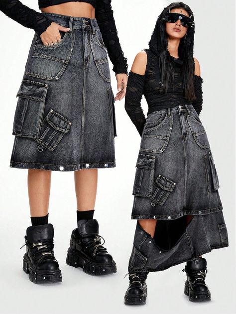 Distressed Denim Asymmetrical Ruffle Hem Skirt For Women, Punk Style Grey Casual   Denim Plain A Line Non-Stretch  Women Clothing, size features are:Bust: ,Length: ,Sleeve Length: Clothing Upcycle, Mode Punk, Ruffle Hem Skirt, Y2k Skirt, Long Denim Skirt, Moda Punk, Distressed Denim Skirt, Denim Skirt Women, Model Outfits