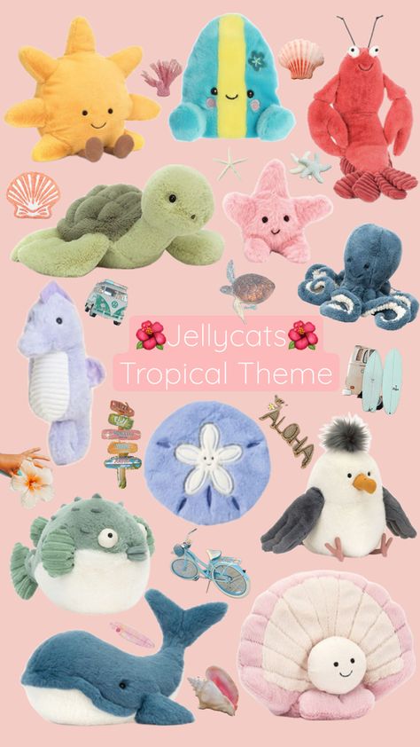 Dive into a world of coastal charm with this adorable Jellycat collage! Perfect for adding a splash of sunshine and seaside fun to your day, featuring plushies in beachy colors and tropical scenes that bring out that laid-back, summer vibe. Perfect inspiration for beach lovers and plush collectors alike! 🐚🌊☀️ Jelly Cat Plush, Coastal Jellycat, Beachy Jellycats, Beach Jellycat, Burr Basket, Beachy Colors, Coastal Charm, Girl Christmas, Coconut Girl