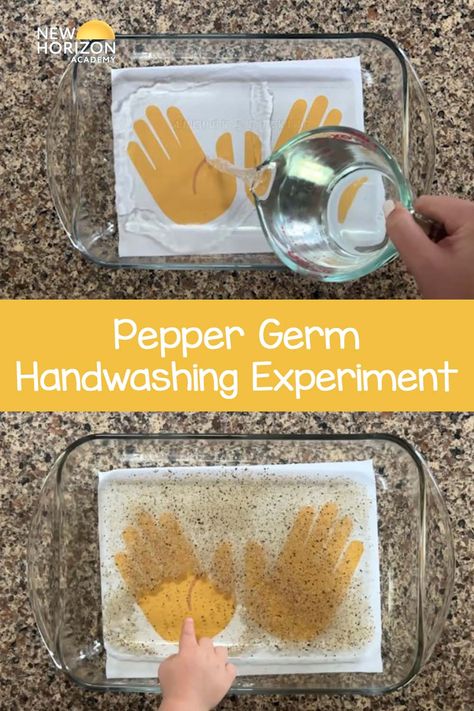 Hand Washing Sensory Activity, Pepper Germ Experiment, Hand Washing Art Preschool, Nursery Science Activities, Germs Hand Washing Activity, Hygiene Kids Activities, Hygiene Week Preschool, Washing Hands Preschool Activities, Soap And Pepper Science Experiment