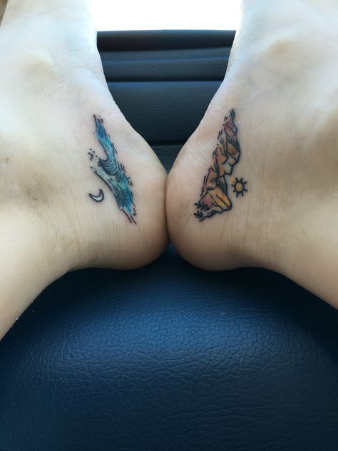 Creative twist on a sun and moon tattoo using the ocean and mountains Tattoo Mountain, Mountain Tattoo, Best Friend Tattoos, Foot Tattoo, Sister Tattoos, Friend Tattoos, Trendy Tattoos, Foot Tattoos, Matching Tattoos