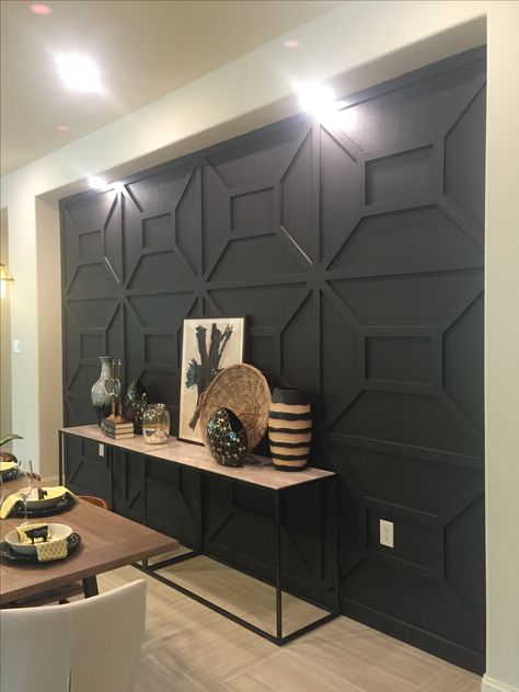 Modern Board And Batten Wall Living Room, Board And Batten Wall Design, Modern Board And Batten Wall, Black Board And Batten, Modern Board And Batten, Staircase Molding, Office Feature Wall, Eclectic Decor Modern, Large Walls