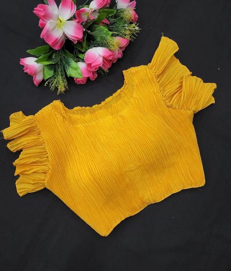 Crushed Fabric Blouse Design, Crush Fabric Blouse Design, Crush Blouse Design, Crushed Blouse Design, Blouse Design For Crushed Saree, Crushed Fabric Dress Indian, Crushed Saree Blouse Designs, Crush Saree Blouse Design, Yellow Colour Blouse Designs