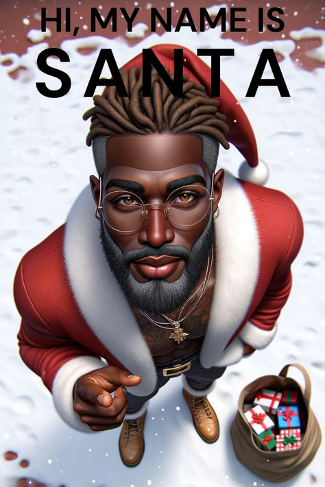 Image of a stylish and sexy Black Santa Claus in a modern Santa outfit, exuding confidence and holiday charm Black Santa Decorations, Christmas Black People, Black People Christmas, Hot Chocolate Xmas, African American Holidays, Christmas Party Poster, Tall Hat, Merry Christmas Gif, Santa Crafts