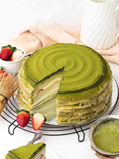 Matcha Mille Crepe Cake - Catherine Zhang Matcha Crepe Cake, Catherine Zhang, Mille Crepe Cake, Matcha White Chocolate, Strawberry Tea, Mille Crepe, Crepe Cake, White Chocolate Ganache, Matcha Powder