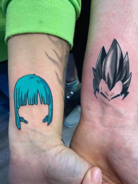 My husband and I got Vegeta & Bulma tattoos. Figured id share it on pinterest incase anyone else was looking for cool anime tattoo ideas to get with their husband/boyfriend. Dragonball Tattoo Ideas Vegeta, Dragon Ball Z Couple Tattoo, Vegeta Bulma Tattoo, Dragon Ball Matching Tattoo, Bulma And Vegeta Tattoo, Dragonball Z Tattoo Ideas, Couples Anime Tattoos, Bulma Tattoo Ideas, Couple Anime Tattoo