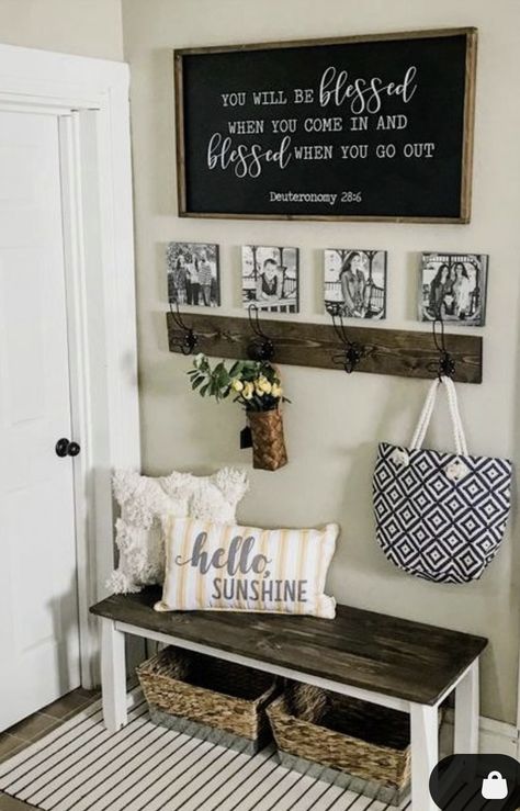 Farmhouse Wall Pictures, Hallway Bench Ideas Entryway Farmhouse, Dining And Living Room Wall Decor, Bedroom Ottoman Decor Ideas, Master Room Furniture Ideas, Rental Front Porch Decorating, Living Room Themes Cozy, Family Picture Wall Simple, Farmhouse Statement Wall