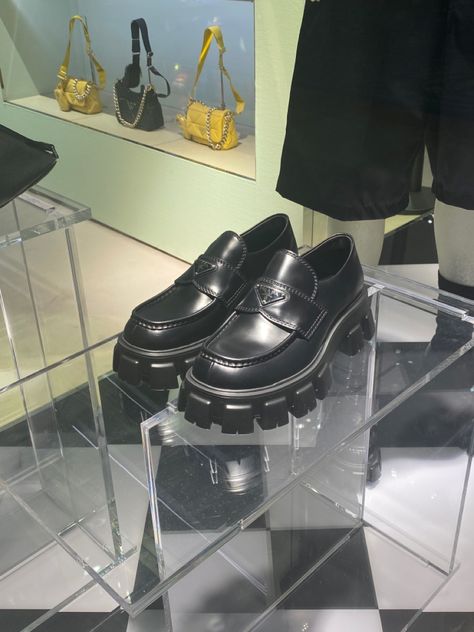 Monolith brushed leather loafers Prada Monolith Loafers Outfit Men, Prada Monolith Loafers, Leather Loafers Outfit, Prada Monolith, Prada Loafers, Loafers Outfit, Adventure Outfit, Prada Leather, Stella Mccartney Elyse