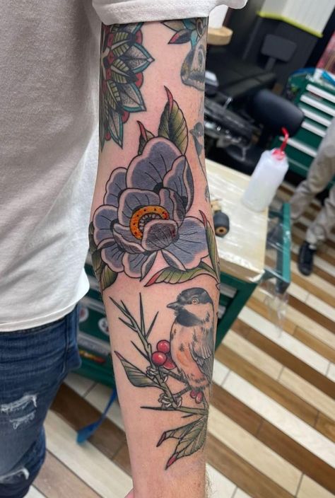 Traditional Elbow Ditch Tattoo, Elbow Bend Tattoos, Arm Ditch Tattoo, Ditch Tattoos, Elbow Ditch Tattoo, Tattoo Practice, Upper Arm Tattoos, Floral Tattoo Sleeve, O Hare