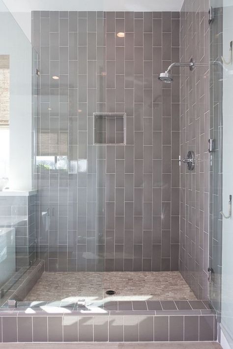 subway tiles clad in vertical offset bond Vertical Tile Shower Ideas, Vertical Shower Tile, Gray Shower Tile, Subway Tile Showers, Grey Subway Tiles, Subway Tiles Bathroom, Bath Tile, Tile Layout, Primary Bath