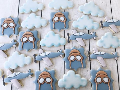 Airplane Cookies 1st Birthday, Time Flies Cookies, Vintage Airplane Cookies, Airplane Baby Shower Cookies, Helicopter Baby Shower Theme, Aeroplane Birthday Party Ideas, Pilot Baby Shower Theme, Flight Baby Shower Theme, Baby Shower Planes Theme