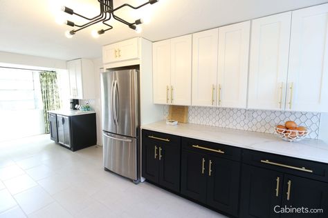 Cabinets Without Crown Molding, Kitchen Cabinets Without Crown Molding, Black And White Galley Kitchen, Gold Kitchen Hardware, Galley Kitchen Design, Galley Kitchen Remodel, Kitchen Redesign, Kitchen Refresh, Real Kitchen