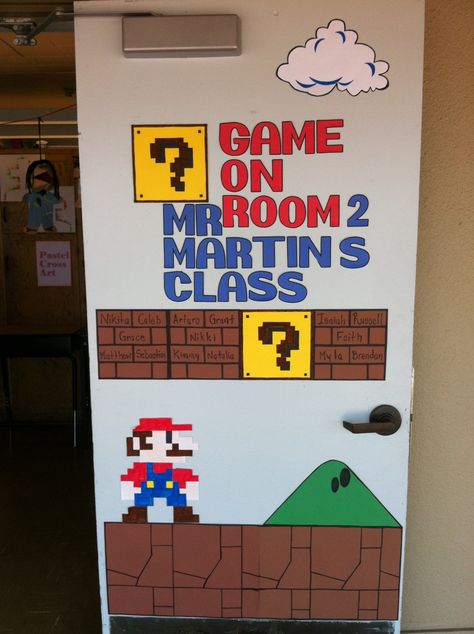 My classroom door, probably the thing I'm the most proud of this year. Mario Classroom Door, Super Mario Bros Classroom Door, Video Game Classroom Door, Mario Kart Classroom Door, Super Mario Classroom Door, Board Games Door Decorations, Video Game Door Decorations, Video Game Theme Classroom, Game Themed Classroom Door