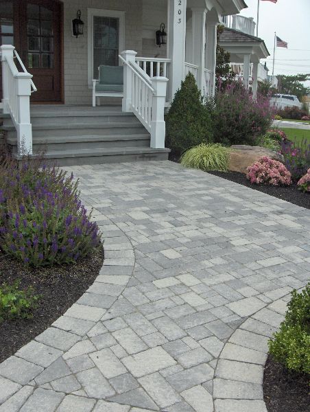 Grey Paver Walkway, Gray Paver Walkway, Front Walk Pavers, Gray Pavers Patio, Gray Pavers, Paver Sidewalk, Front Walkway Landscaping, Grey Pavers, Front Yard Walkway